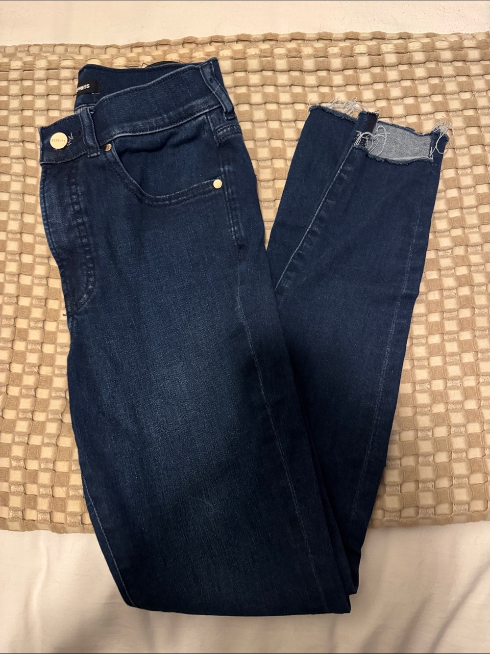 Express Women's Dark Blue Skinny High-Rise Jeans with Frayed Hem 2R
